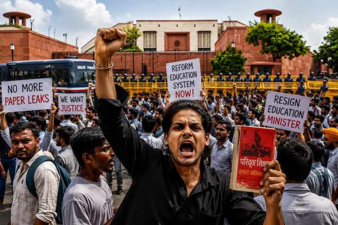 দিল্লিতে শিক্ষা সংস্কারের দাবিতে ভারতের পার্লামেন্ট অভিমুখে শিক্ষার্থীদের বিক্ষোভের প্রতীকী চিত্র